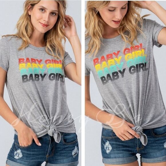 "Baby Girl" Retro Tie Front Graphic Gray T-Shirt - Picture 1 of 3